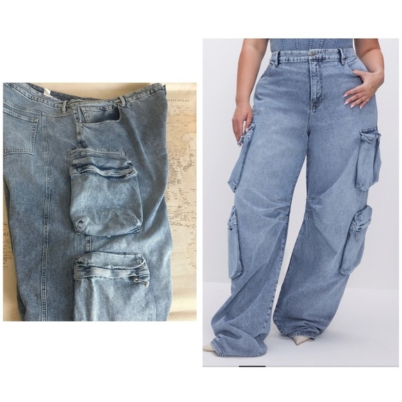 Good American Denim - Good American Wide Leg Baggy Denim Cargo Jeans in Indigo Size 28 Plus NWT 225$